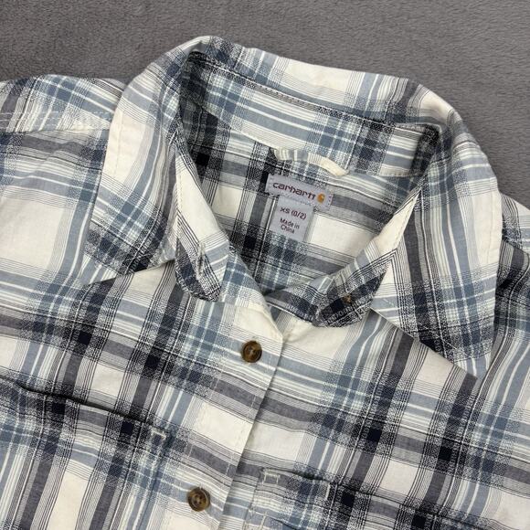 Carhartt Women’s Blue Plaid Button Up Shirt Size XS Double Pen Holder Pocket - Picture 2 of 10